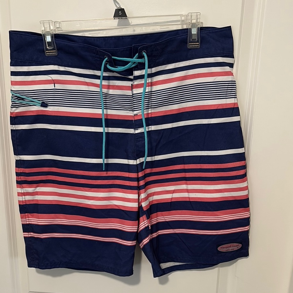 Vineyard Vines Blue and Red Board Shorts Dynamic Stripes